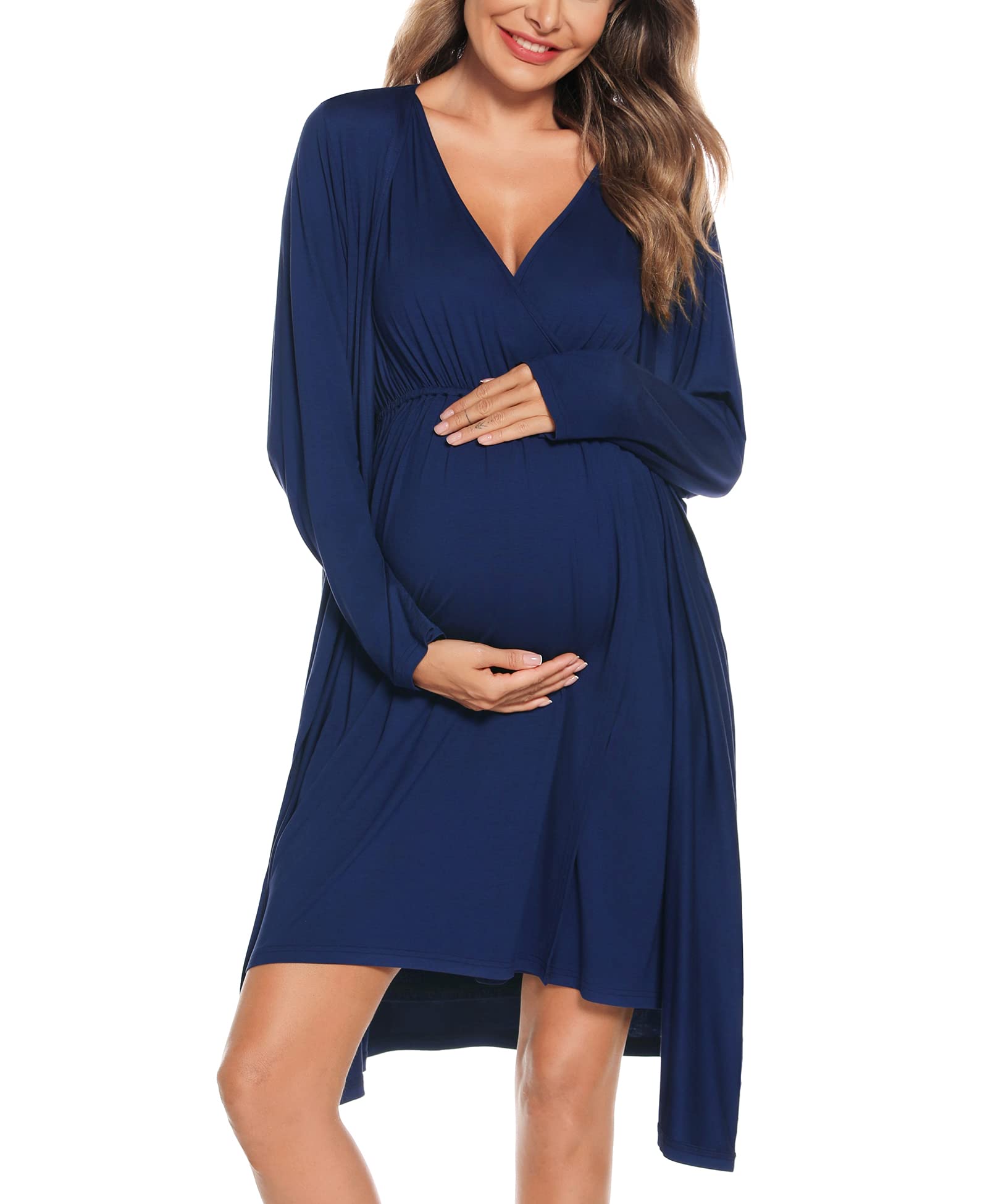Photo 1 of SWOMOG Maternity Nightgown for Hospital Labor Delivery Nursing Pjs for Breastfeeding Women's Pregnancy Robe Hospital Bathrobes 3 in 1 Birthing Nightgowns A-navy Blue
