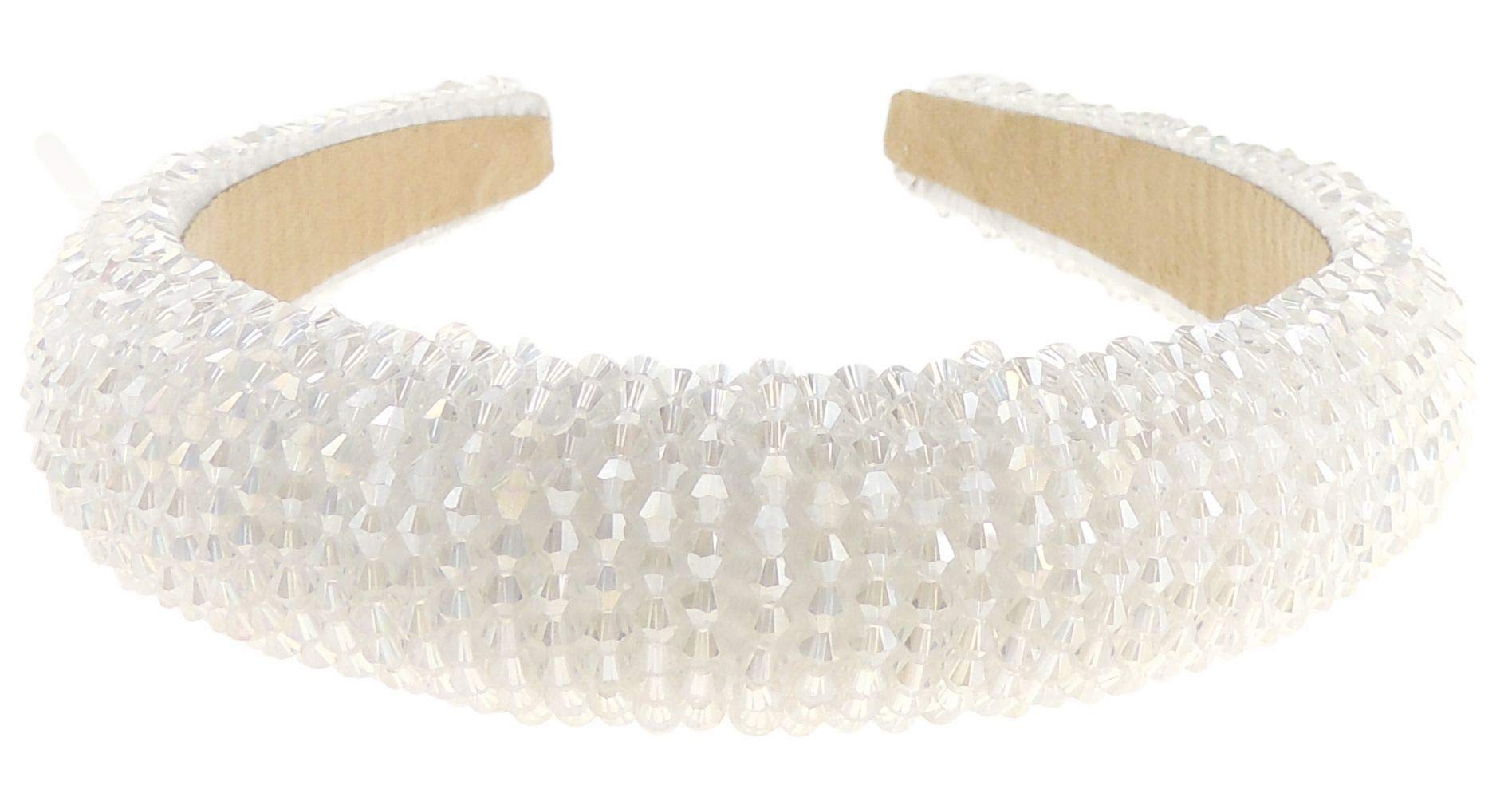 Womens Sparkly Beaded Rhinestone Embellished Jeweled Crystal Wide Bump Thick Padded Evening Formal Occasion Christmas Birthday Wedding Bridal Party Headband Hair Alice Band Hairband (White)