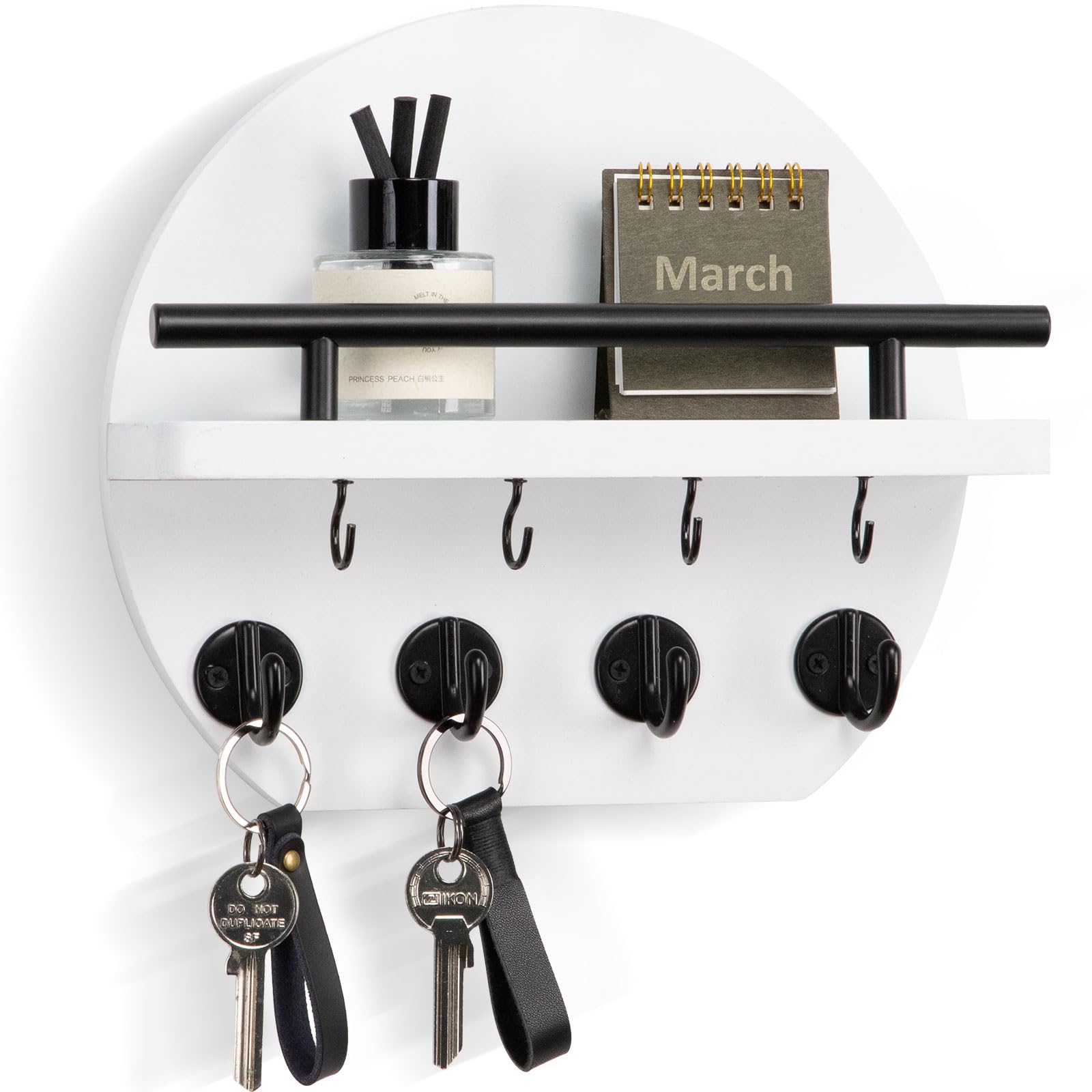 Nekon Key Holder for Wall - 9.8 Inch Apartment Wall Decor with Shelf and 8 Key Hooks, Circular Wood Key Hanger for Home Decor (White)