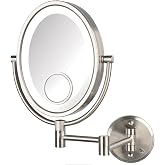Jerdon Hardwired Wall-Mount Makeup Mirror - 10X/15X - Nickel - HL9515NLD | Two-Sided 8" x 10" Oval Frame, 14" Wall Arm, LED, Direct Wire