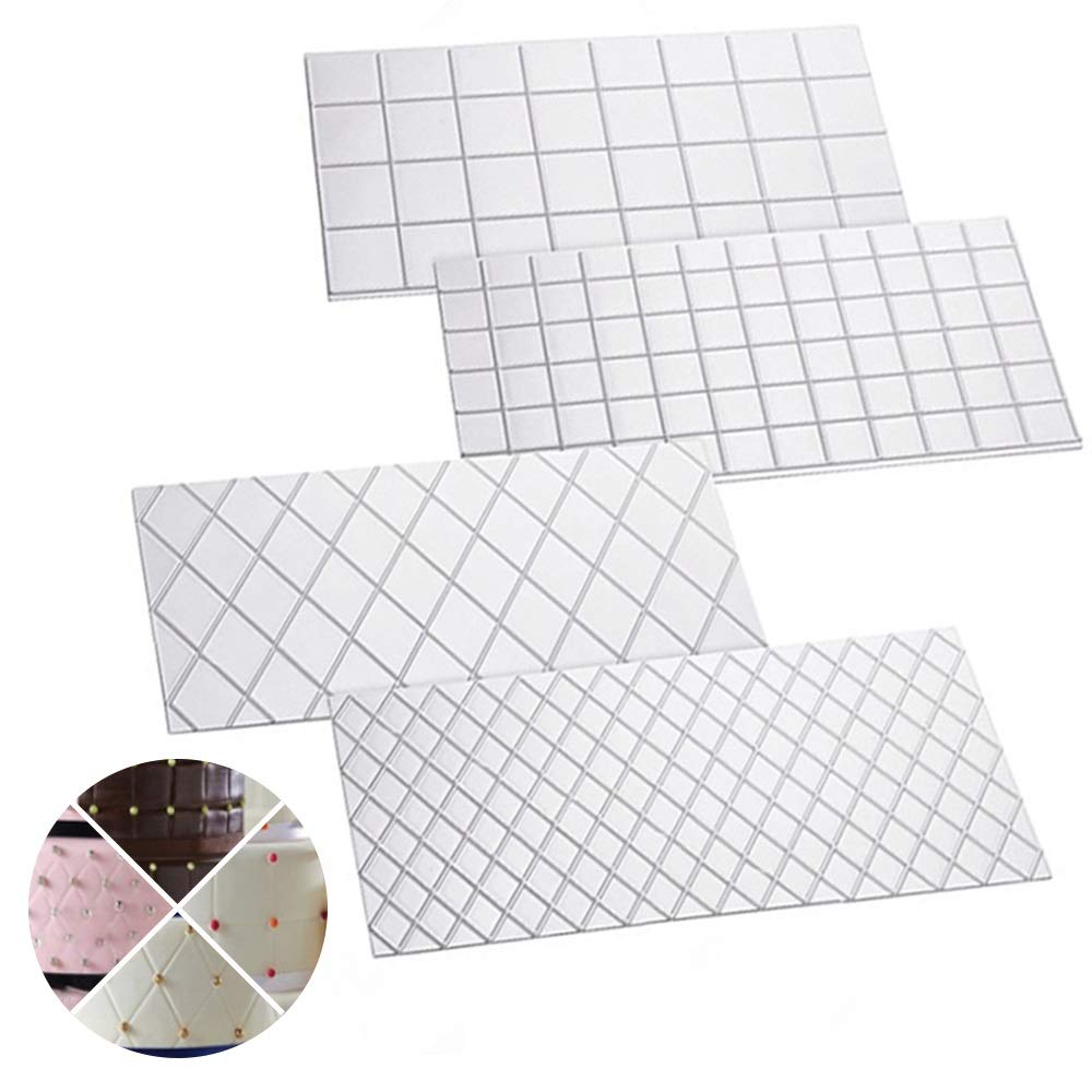 Fondant Impression Mats, Embossing Rectangular Silicone Molds Transparent Quilted Grid Moulds Tools for Cake Decorating/Cookie/Chocolate(4Pcs)