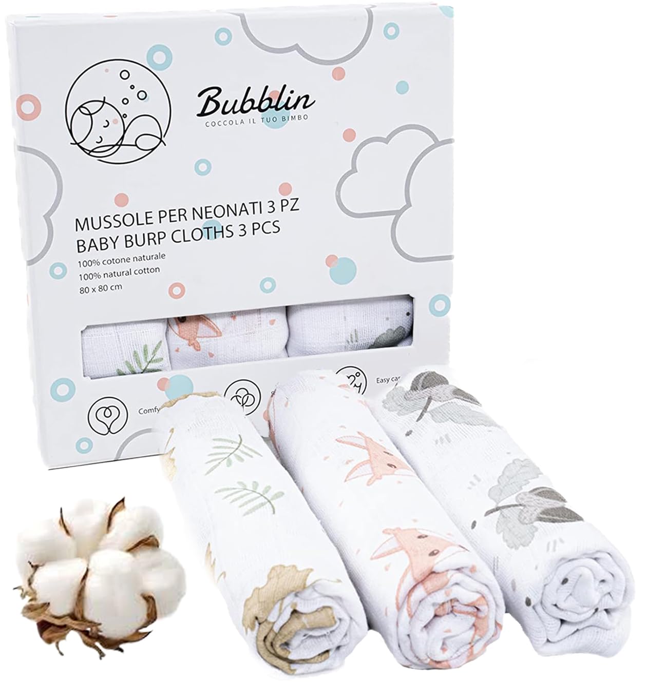 Bubblin, Set of 3 Muslin Baby, 80 x 80 cm, Squared Baby Towels, Double Fabric, 100% Natural Cotton, OEKO-TEX Certified, Newborn Cover, Unisex, Soft and Soft, Baby Gift (Fox)