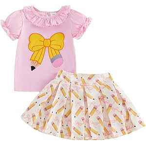 Ysfanwuxi Toddler Girl Back to School Outfit Apple Pencil Pre K T-Shirt Top and Skirt Set Girls First Day of School Clothes