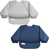 Tiny Twinkle Long Sleeve Bib for Babies &amp; Toddlers | 2-Pack Waterproof Smock Bib for Eating | Machine Washable &amp; Mess-Proof Feeding Essentials | Newborn Shower Gift (Grey Indigo,6&ndash;24M)