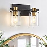 stambord 2 Light Bathroom Vanity Light, Black and Gold Bathroom Light Fixtures, Sconces Wall Lighting with Glass Shade, Moder
