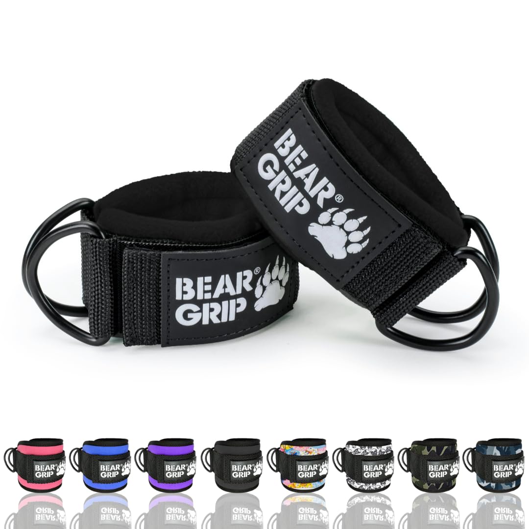 BEAR GRIP - Ankle Straps for Cables with New Fleece Design - Strong Closure, Double Stainless Steel D-Ring, Adjustable Neoprene - For Men & Women (Black Slim - Pair) โ image 1