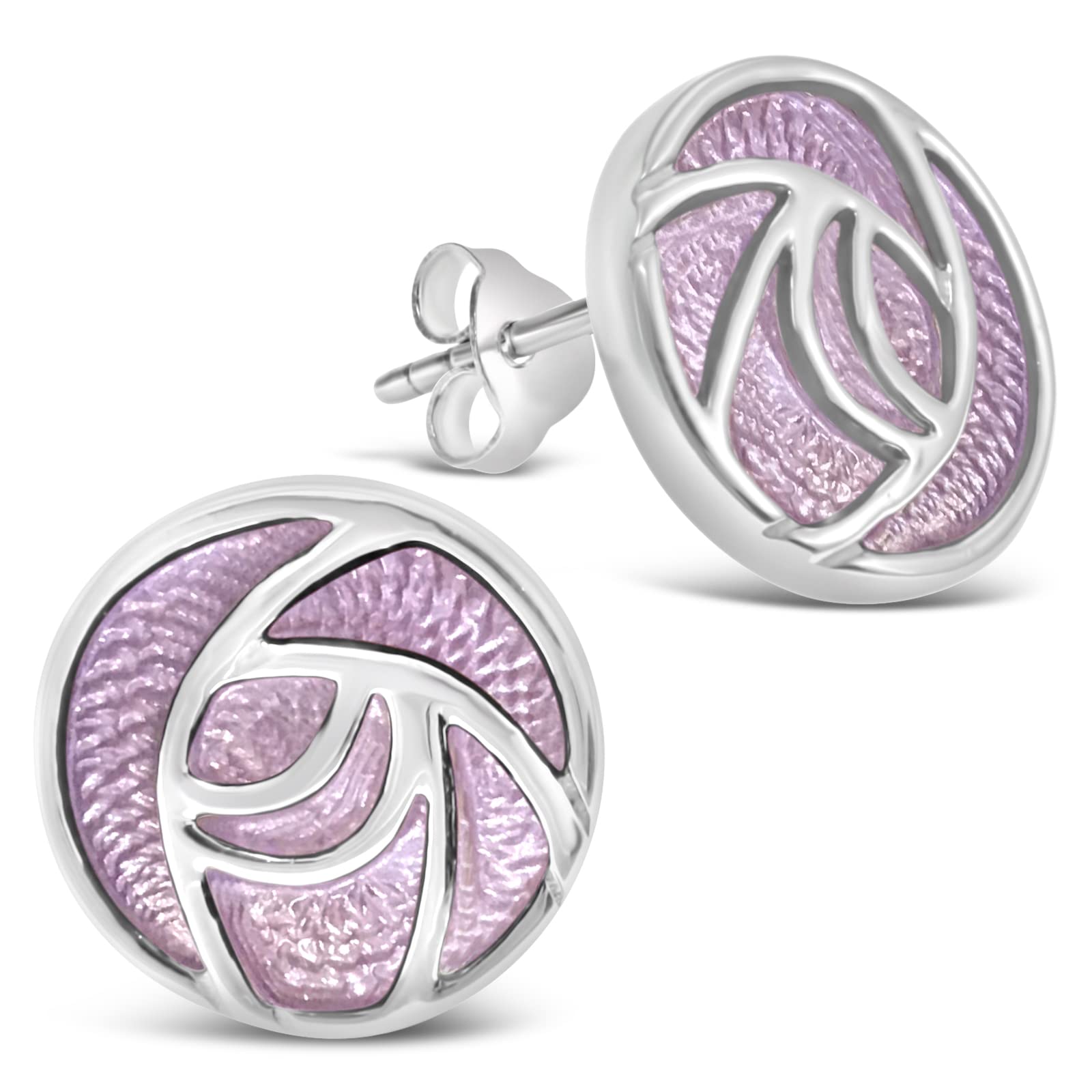 Alexander Castle Charles Rennie Mackintosh Pink Rose Enamel 925 Sterling Silver Earrings for Women - Stud Earrings with Jewellery Gift Box - 15mm x 15mm