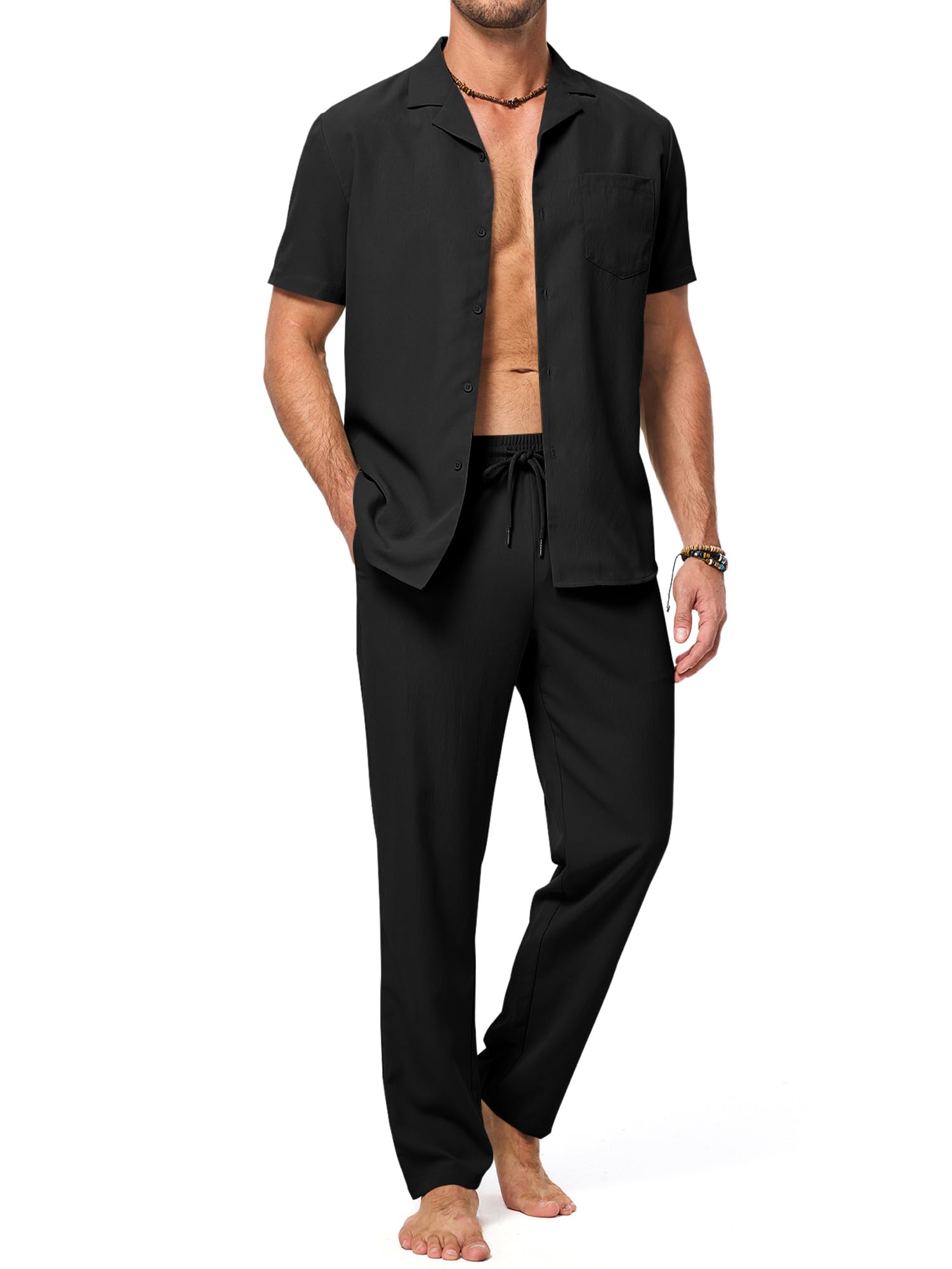 Photo 1 of JMIERR Men 2 Piece Outfit Short Sleeve Beach Shirt Casual Loose Vacation Black Pants Sets with Pocket, L