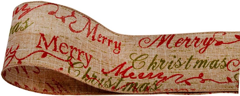 Hessian Fine Burlap Merry Christmas Wired Ribbon 60mm Natural Red Green 10 Metres by Club Green