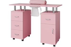 Professional Nail Table with Downdraft Ventilation, Manicure Station with Locking Casters & Storage Drawers, Nail Tech Desk w