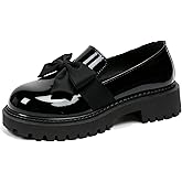 Women's Patent Leather Chunky Heel Bow Loafers Elegant Round Toe Platform Non-Slip Lug Sole Casual Dress Shoes for Business Office Work Everyday Wear