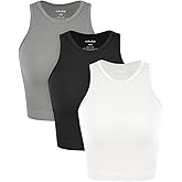 ODODOS 3-Pack Seamless Crop Tank for Women Ribbed Soft High Neck Cropped Tops