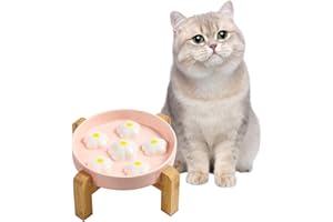 PTOBER Elevated Slow Feeder Cat Bowl - Maze Puzzle Cat Food Dish with Bamboo Stand, Anti-Slip - Raised Base for Comfortable Eating - 6 OZ - White Flowers