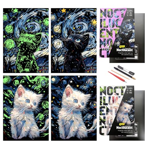 PAITUEND Scratch Art Painting Paper Set-Creative Arts and Crafts for Adults&Kids,Glow in The Dark DIY Craft Kit with 4 Tools 2 Sheets(A3),DIY Home Decor&Gift for Birthdays Holidays(Cat Series)