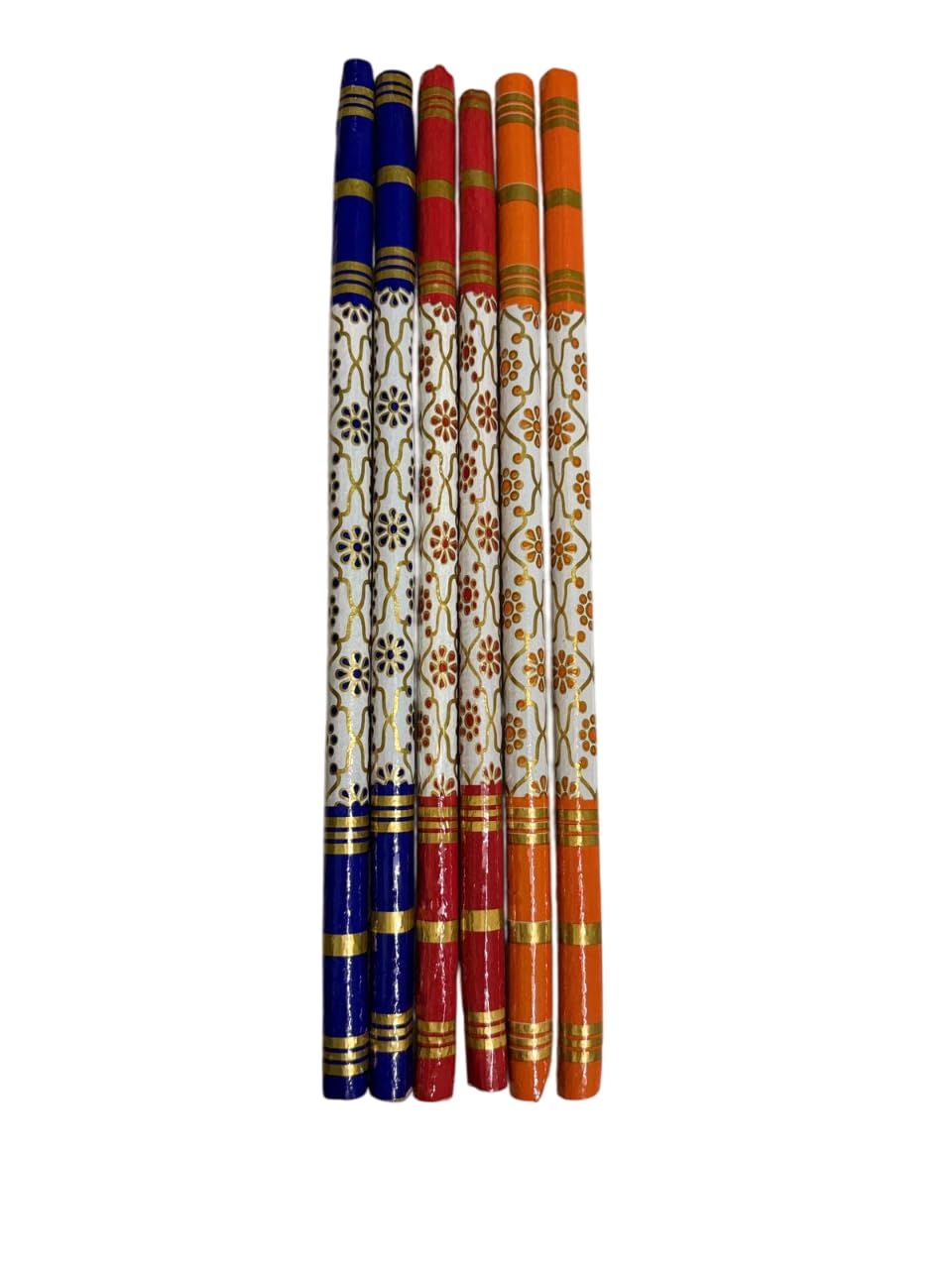 Photo 1 of Traditional Wooden Dandiya Sticks – Decorative Garba Raas Sticks for Navratri & Festive Celebrations (Set of 3 Pairs - Blue, Orange and Red Color)