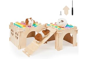 UNICORN CATCHER Guinea Pig Hideout, Guinea Pigs House with Stairs and Mats Extra Large Guinea Piggy Castle Detachable Hideouts for Small Animals Wooden Guinea Pig Habitats with Multiple Doors and Windows