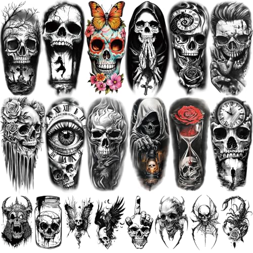 77 Sheets Halloween Temporary Tattoos Men Women Adults, Skeleton Death Skull Crossbones Moth Demon Devil Cross Half Arm Fake Tattoo, Spider Web Snake Vampire Scary Tattoos for Halloween Costume