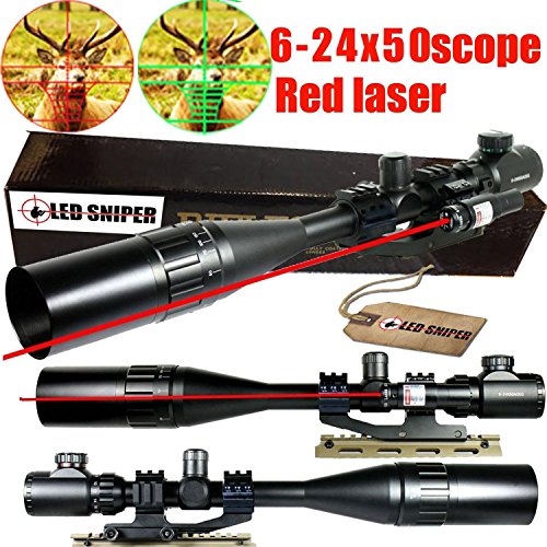 Ledsniper2 in 1 useful 6-24x50 Scope R/g Mil-dot w/ Pepr Mount + Sunshade +Sight