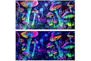 Dtekoj 36X24IN Blacklight Aquarium Background UV Reactive Mushroom Background Starry Sky Terrarium Background with 10 EVA Double-Sided Tape