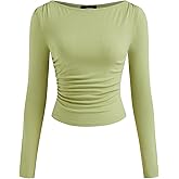 CIDER Womens Long Sleeve Tops Boat Neck Ruched Tops Slim Fit Casual Basic Fall Fashion Outfits