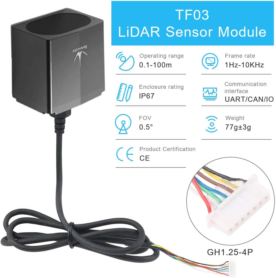 Seamuing Lidar Sensor Module Long-range Distance Sensor Module TF03 with 180m Measurement 1cm Distance Resolution with Cable for Automotive Anti-collision and Unmanned Aircraft Fixed Heigh