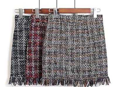 Women Woolen Mini Skirt Autumn Winter Vintage Straight Plaid Tassel Skater Skirt Waist Femininas