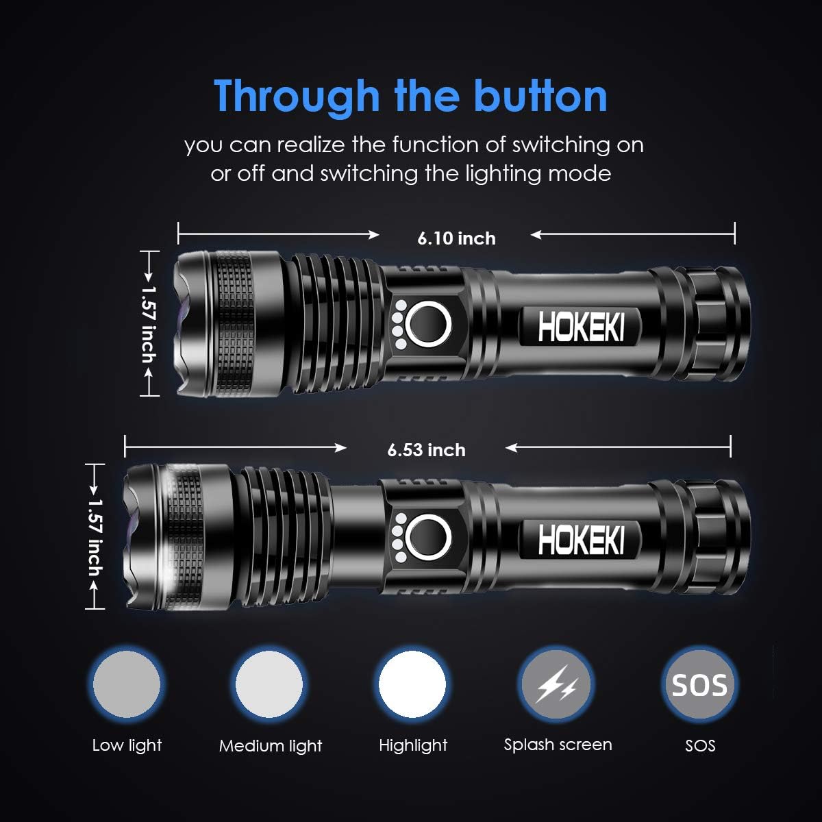 LED Tactical Flashlight, HOKEKI Emergency FlashlightsS1000 - High Lumen, Portable Outdoor Waterproof Handheld Light, USB Rechargeable, 5 Light Modes, Zoomable, Suitable For Camping, Hiking, Gift - - 
