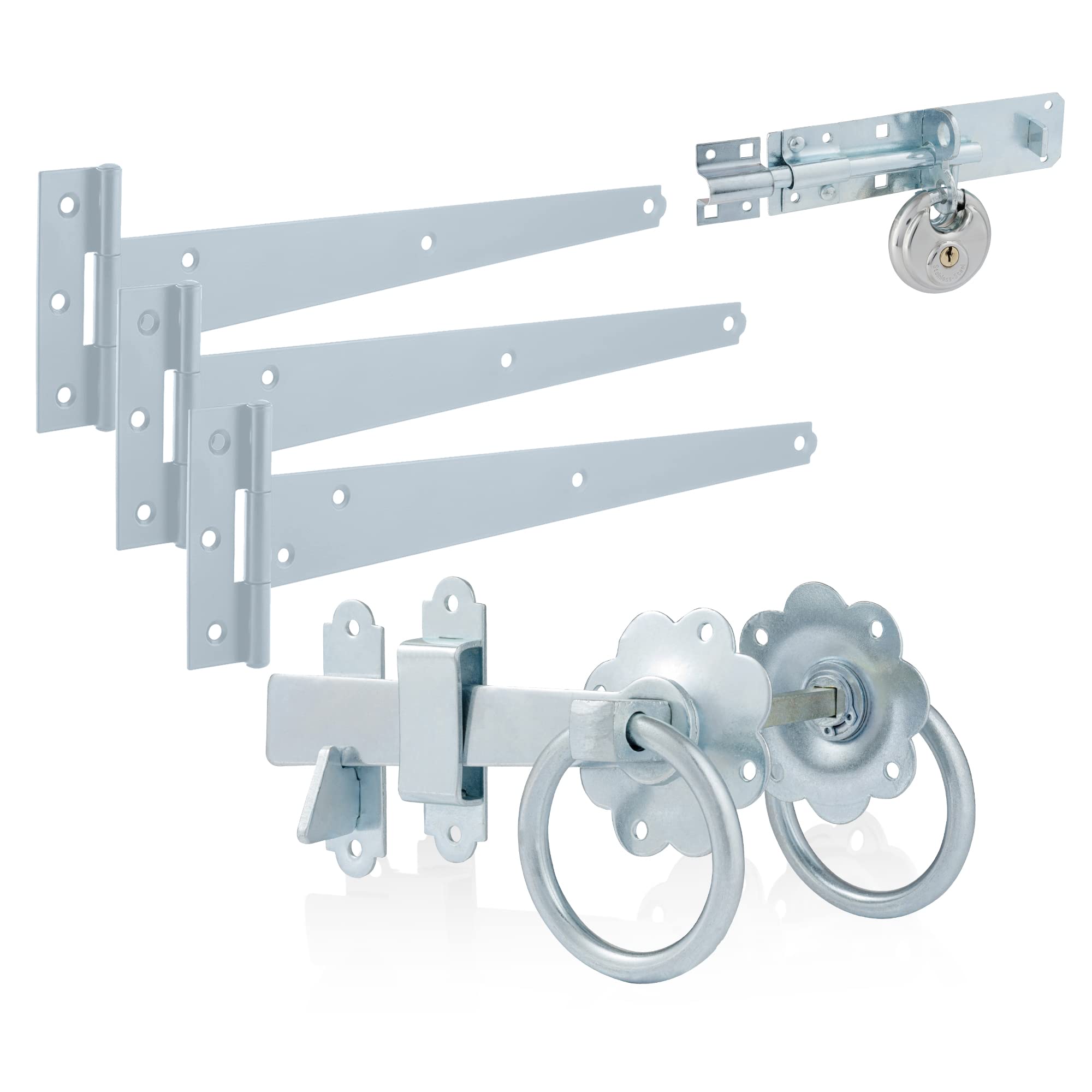 XFORT Premier Zinc Ring Gate Kit with Three 300mm T Hinges, 6" Brenton Bolt & Discus Padlock