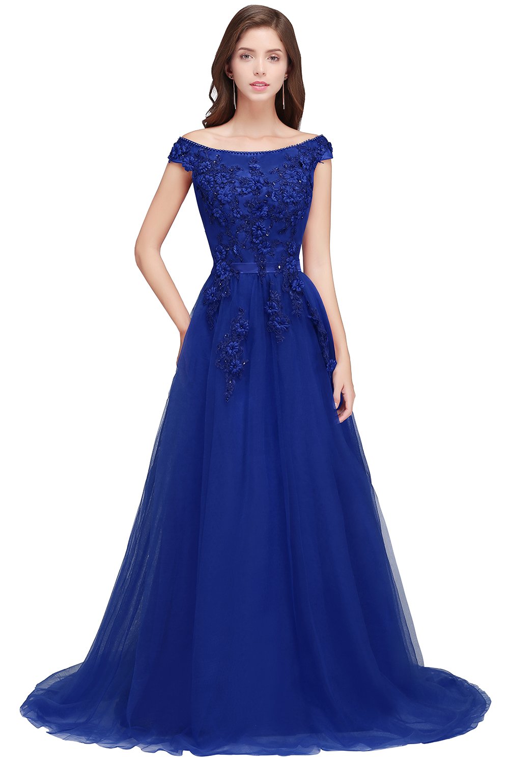 MisShow Women's Lace Applique Cap Sleeve A Line Long Prom Dresses Evening Gown