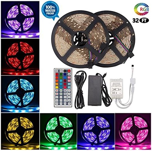 LED Strip Lights - Waterproof Led Tape Lights - Dimmable Multicolored LED Lights Kit 32.8ft/10m, 300LEDs, 5050RGB with 44Key Remote Controller and Power Adapter for Home, Kitchen, Cabinet Decoration