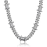 Bandmax Barbed Wire Cuban Chain Necklace for Women Men Stainless Steel/Black Thorns Choker Necklaces 16 Inch-22 Inch Punk Emo Chains Jewelry -Gift Packed