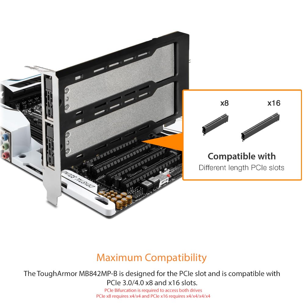 ICY DOCK Dual Bay 2X M.2 NVMe SSD to PCIe 4.0 x8 Removable Adapter Card for PCI Express Slot (PCIe Bifurcation Required) | ExpressSlot MB842MP-B
