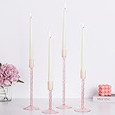 Hewory Glass Taper Candle Holders: 4 Pcs Pink Vintage Candlestick Holders Tall Candle Sticks Holder Decor, Glass Candle Holder for Table Centerpiece Wedding Christmas Advent Holiday Party Decorations