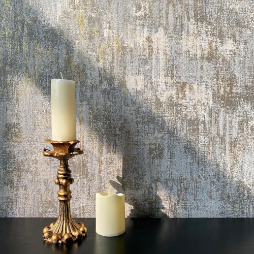 Textured Wallpaper, Distressed Concrete Adhesive Wallpaper, 44cm x 300cm, White Gold Gray Metallic Non-Woven Wall Paper, Modern Neutral Design for Bedroom and Home Decor