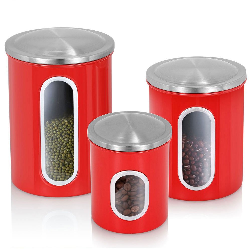 Kitchen Canisters,Stainless Steel Canister Set,3 Piece Nested Food Storage Canisters with Airtight Lids and Visible Windows,Red