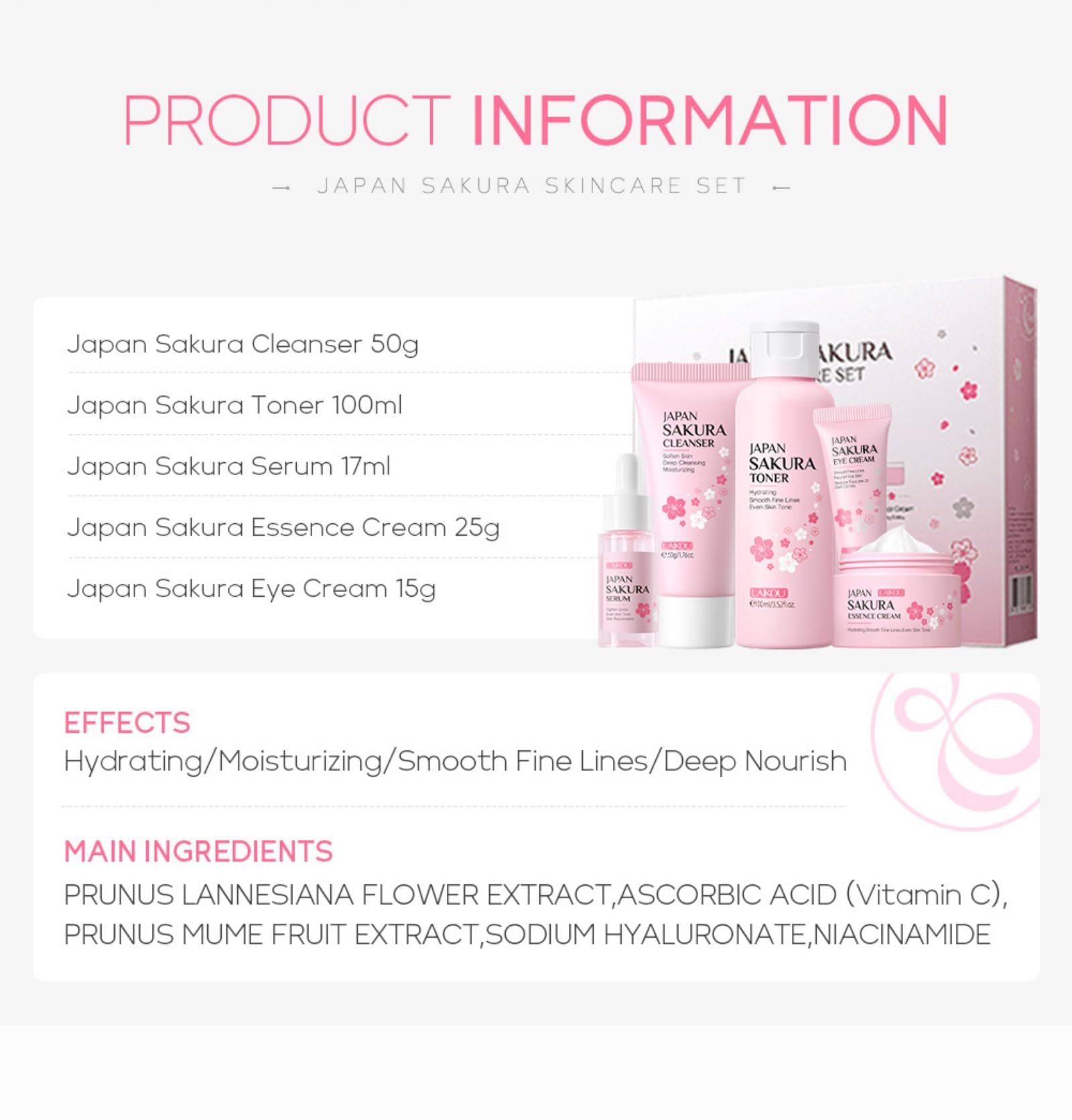 Skincare Set for Women, Skin Moisturizing Kit SAKURA Clean & Care for Teen Girls, Travel Daily Hydration Glowing Kit| Cleanser Toner Serum Eye Cream Face Cream (5PCS)