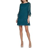 Jessica Howard Womens 3/4 Sleeve Boat Neck Textured Chiffon Shift Mini Dress
