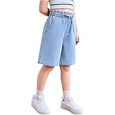 GORGLITTER Girl's Denim Jeans Shorts Baggy Bow Elastic High Waist Straight Wide Leg Shorts