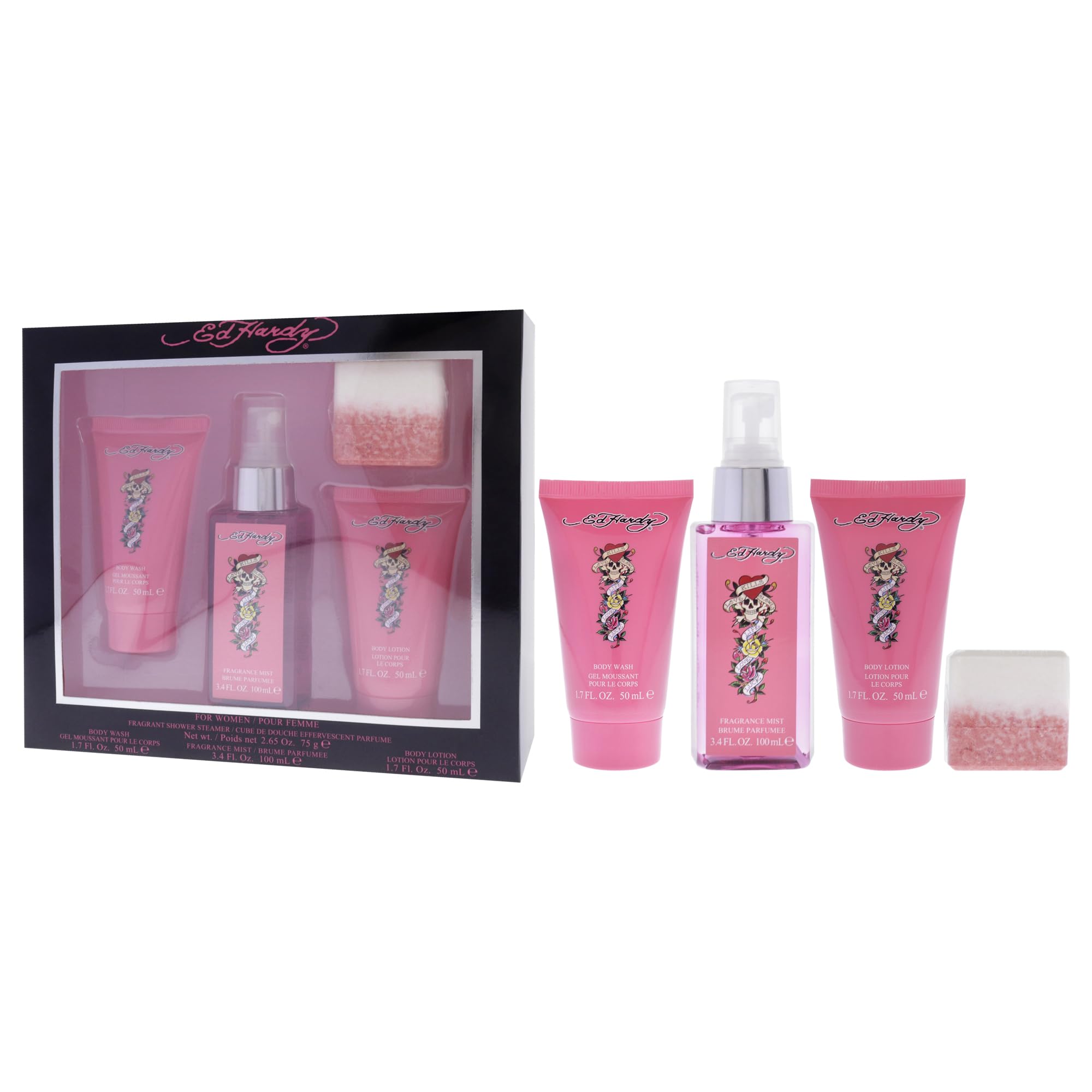Ed Hardy Women's Perfume Gift Set, 4 Pieces Include Fragrance Mist, Body Lotion, Body Wash, and Fragrant Bath Fizz