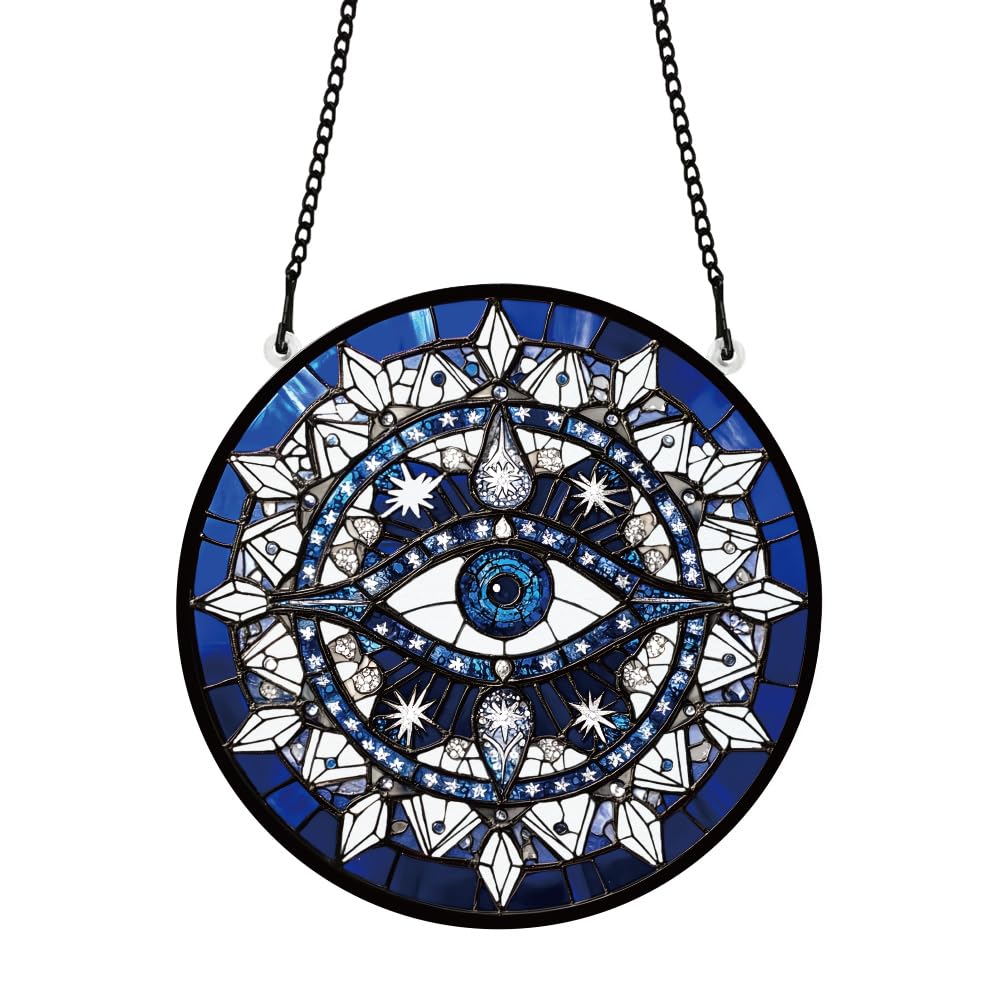 PLIGREAT Painted Evil Eye Stained Suncatcher Window Wall Art Hanging Ornament Acrylic Light Catcher Art Crafts for for Garden Home Indoor Outdoor Hanging Decor Women Men Friends Gift