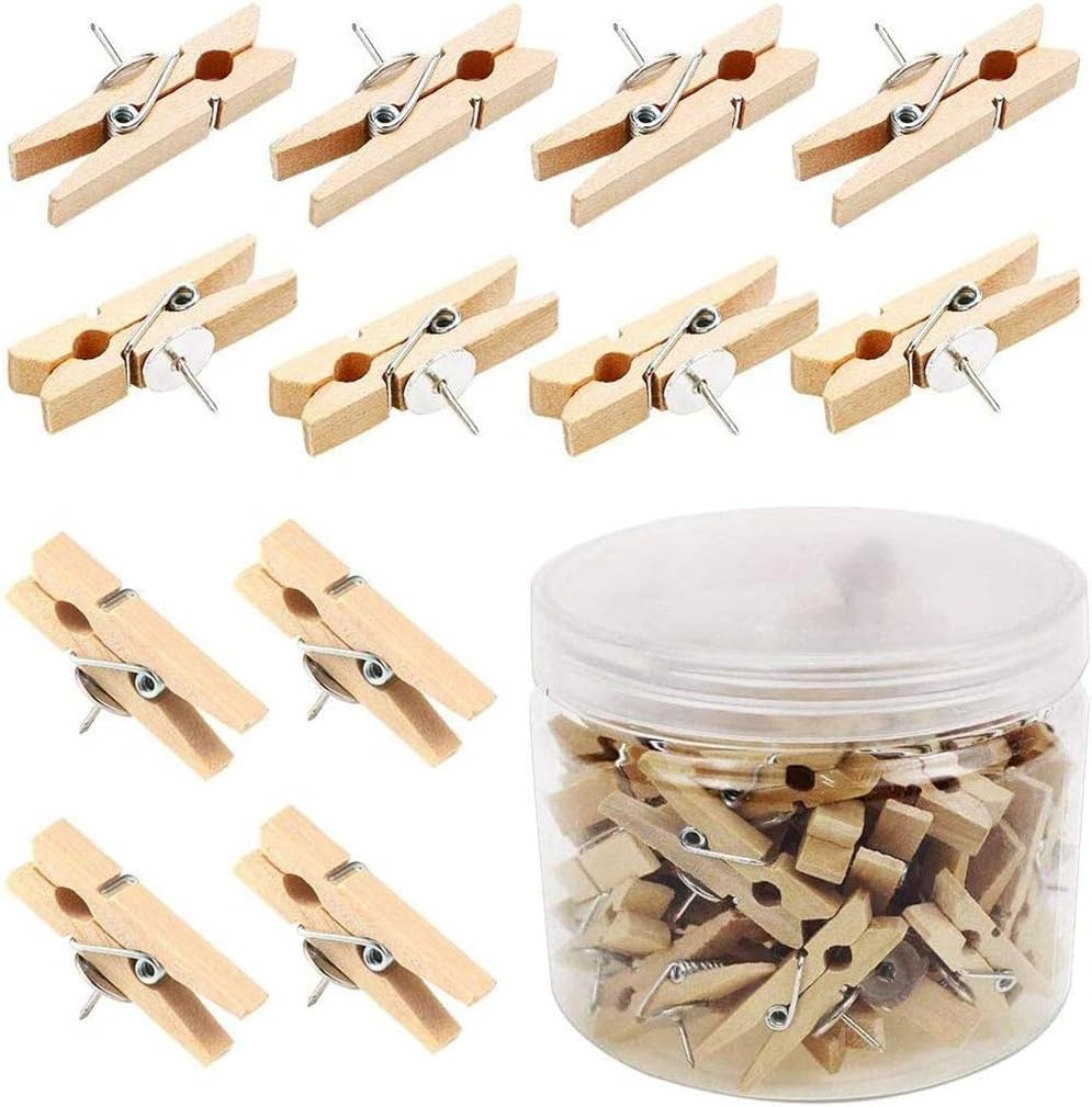 Peg Pins Push Pins with Wooden Clips,Pins for Cork Board 50 Pieces