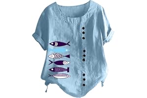 LMSXCT Women's Cotton Linen Summer Tops Plus Size Short Sleeve Tunic Shirt Cute Fish Print T-Shirt Casual Loose Button Blouse