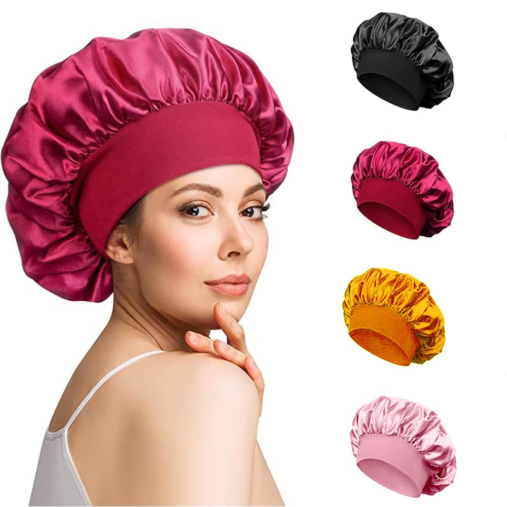 WZHHDM Satin Hats, Pack of 4 Satin Hair Caps, Night Cap Made of Silk Sleep Caps for Women and Girls (Black, Red, Wine Red, Grey), Black, red, wine red, grey, 30