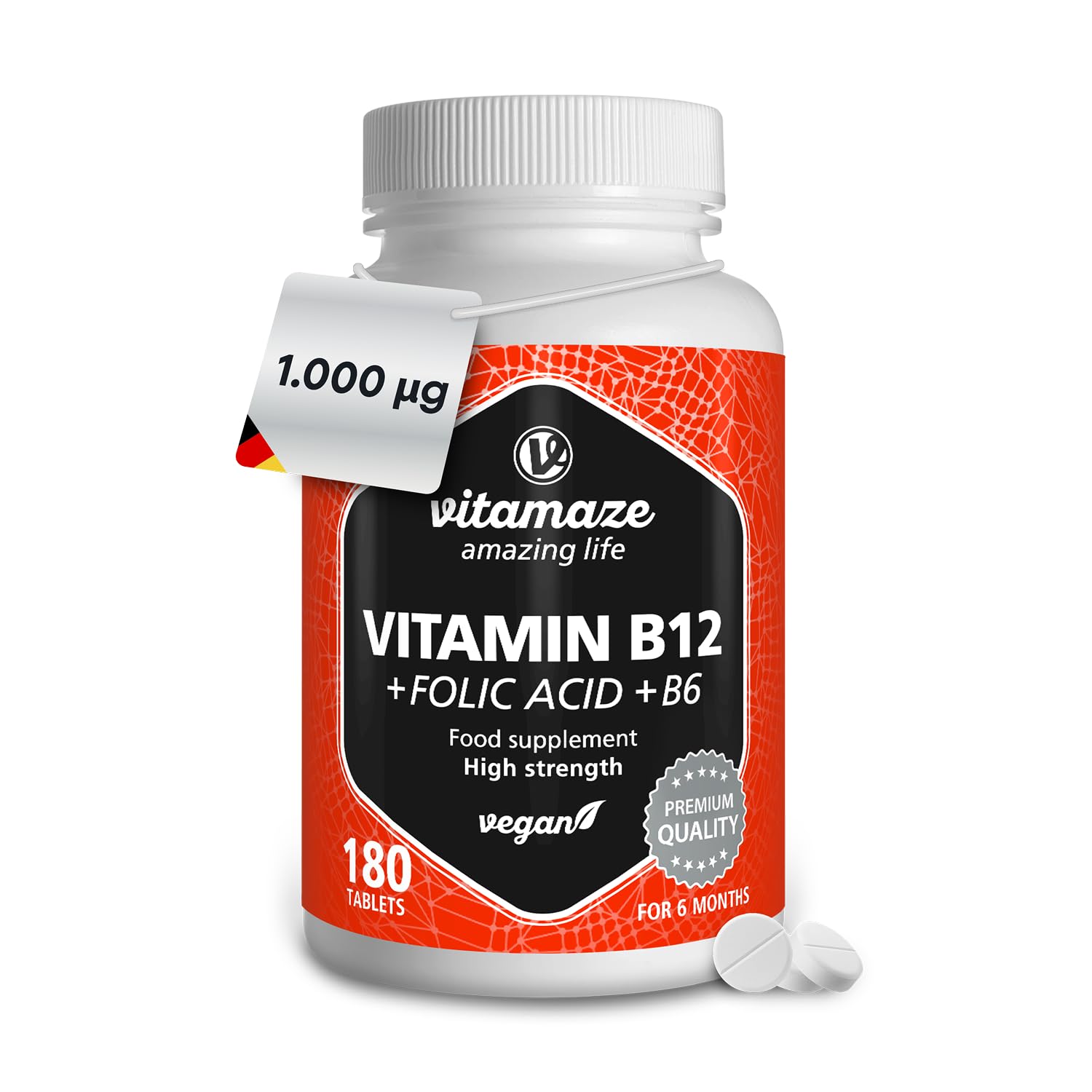 Vitamin B12 1000 mcg with Folic Acid 375 mg + Vitamin B6, High Strength Methylcobalamin with Vitality Formula of 3 Vitamin sB, 180 Vegan Tablets for 6 Months, Natural, Made in Germany, Vitamaze