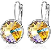 Austrian Crystals Round Drop Leverback Earrings for Women 14K Gold Plated Hypoallergenic Hoop Earrings