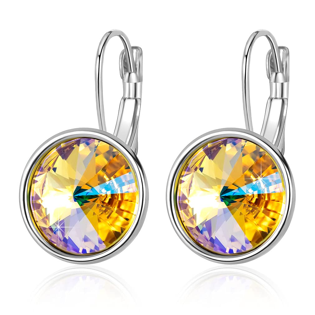 Austrian Crystals Round Drop Leverback Earrings for Women 14K Gold Plated Hypoallergenic Hoop Earrings, Metal Crystal, crystal