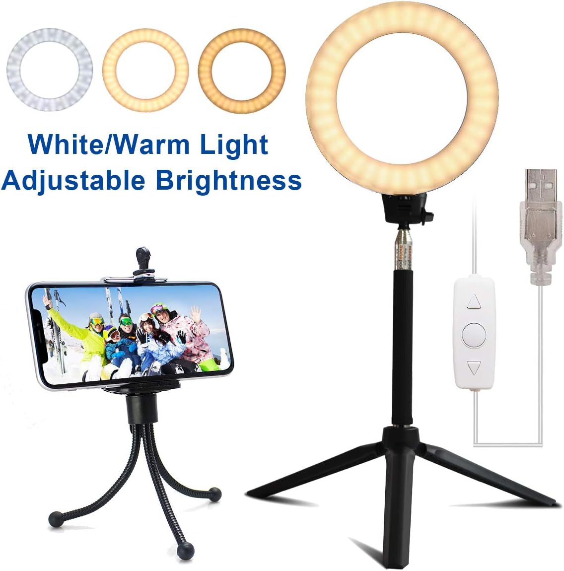 Rantizon 6" Selfie Ring Light with Tripod Stand & Cell Phone Holder 6-inch Dimmable Floor/Table Annular Lamp for Selfie, Makeup, Live Stream, YouTube, Vlog, Camera/Phone Video Shooting