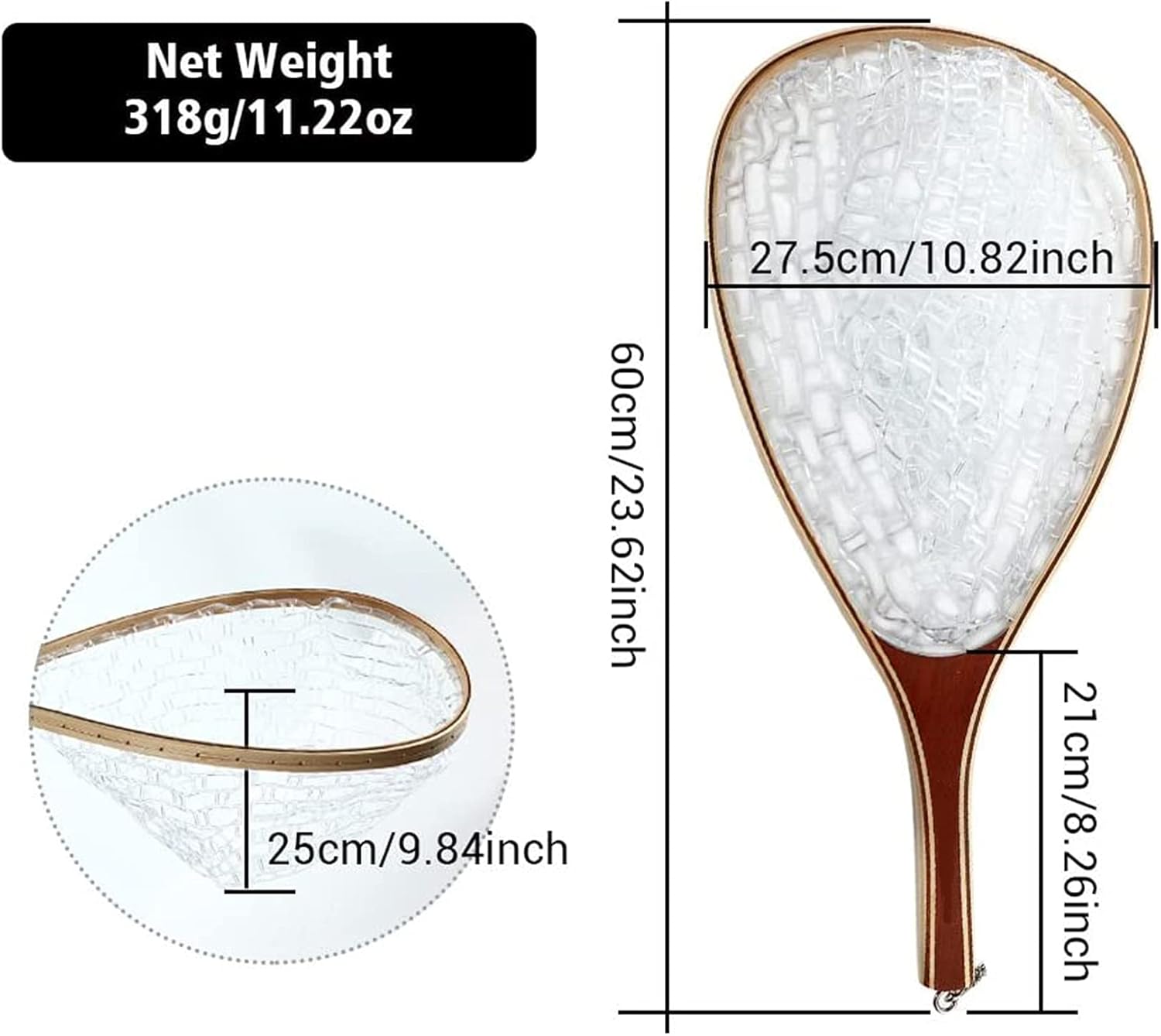 FISHARE Fly Fishing Landing Net, Wooden Frame Fish Net with Clear Soft Rubber Mesh or Waterproof Nylon Mesh for Trout Fishing Catch and Release : Sports & Outdoors