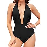 SHEKINI Women's Retro Deep V-Neck Bathing Suit Backless High Waisted One Piece Swimsuit