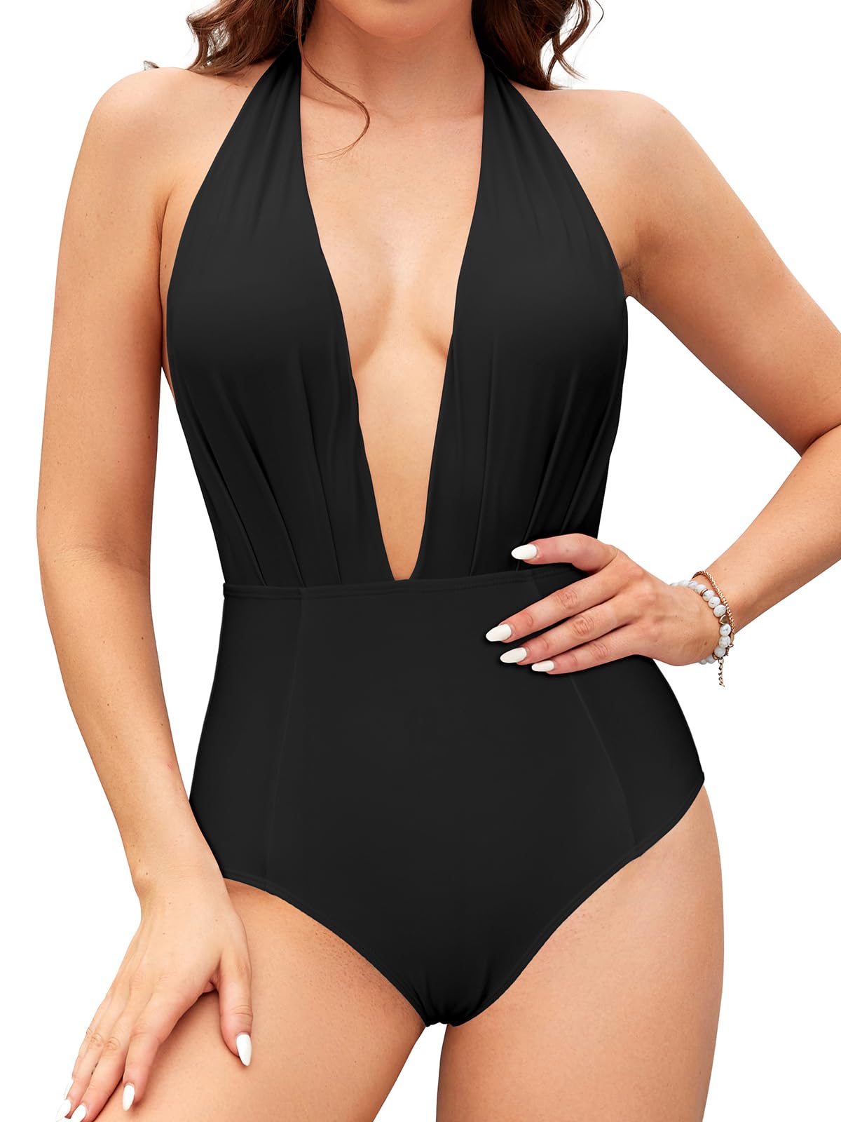 Photo 1 of SHEKINI Women's Retro Deep V-Neck Bathing Suit Backless High Waisted One Piece Swimsuit (Black, Small)